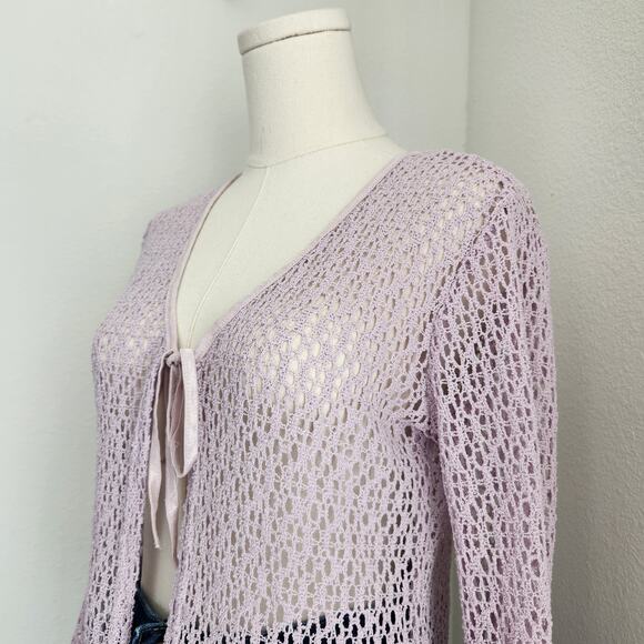 Y2K Purple Lavender Crochet Tie Front Cardigan Bell Sleeve Open Knit Top S - Picture 3 of 7